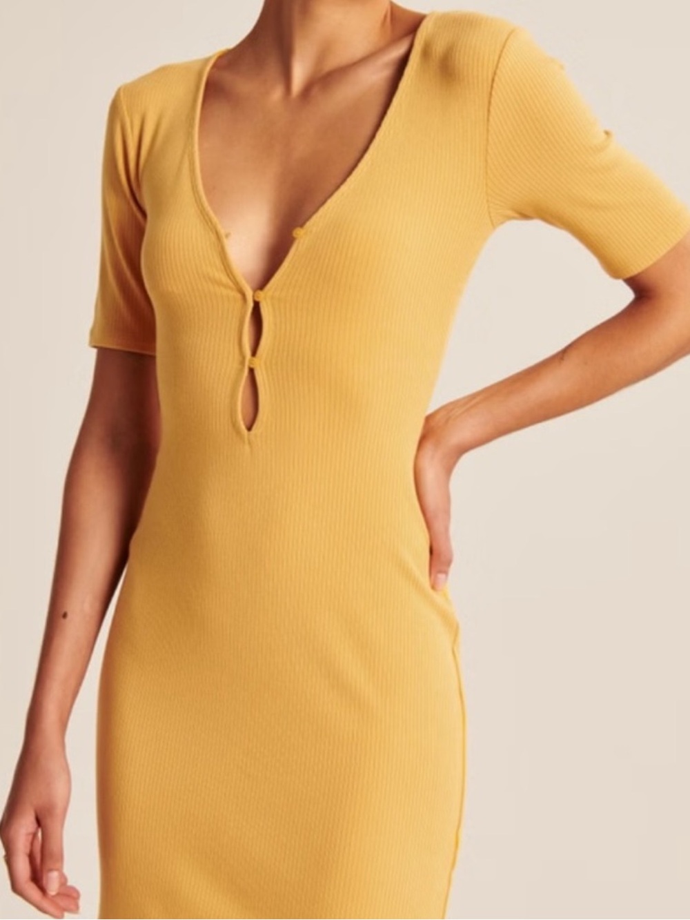Abercrombie & Fitch Mustard Ribbed Mini Dress with Keyhole Front